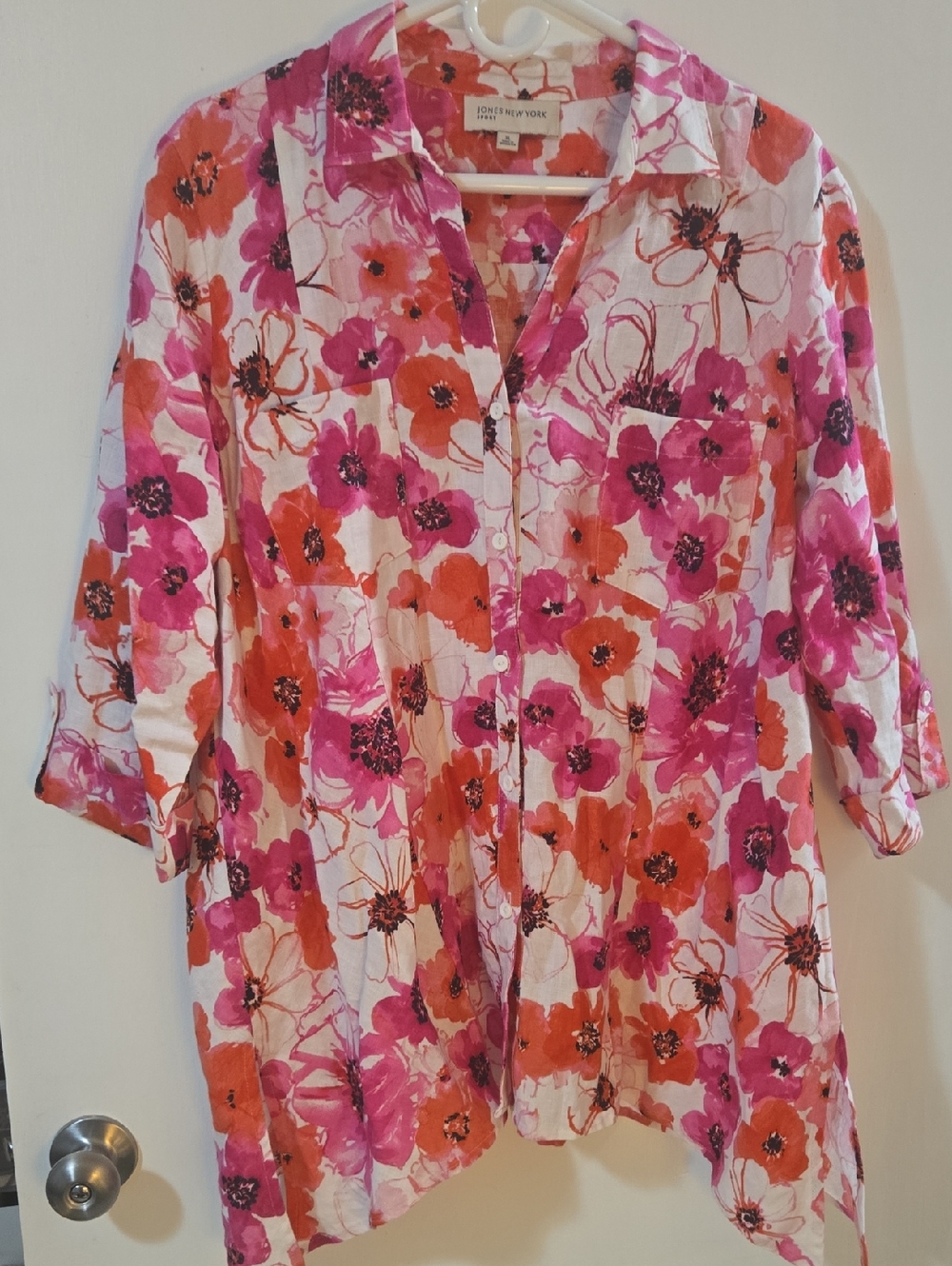 Jones New York Pink & Orange Floral Button-Front Tunic 100% Linen